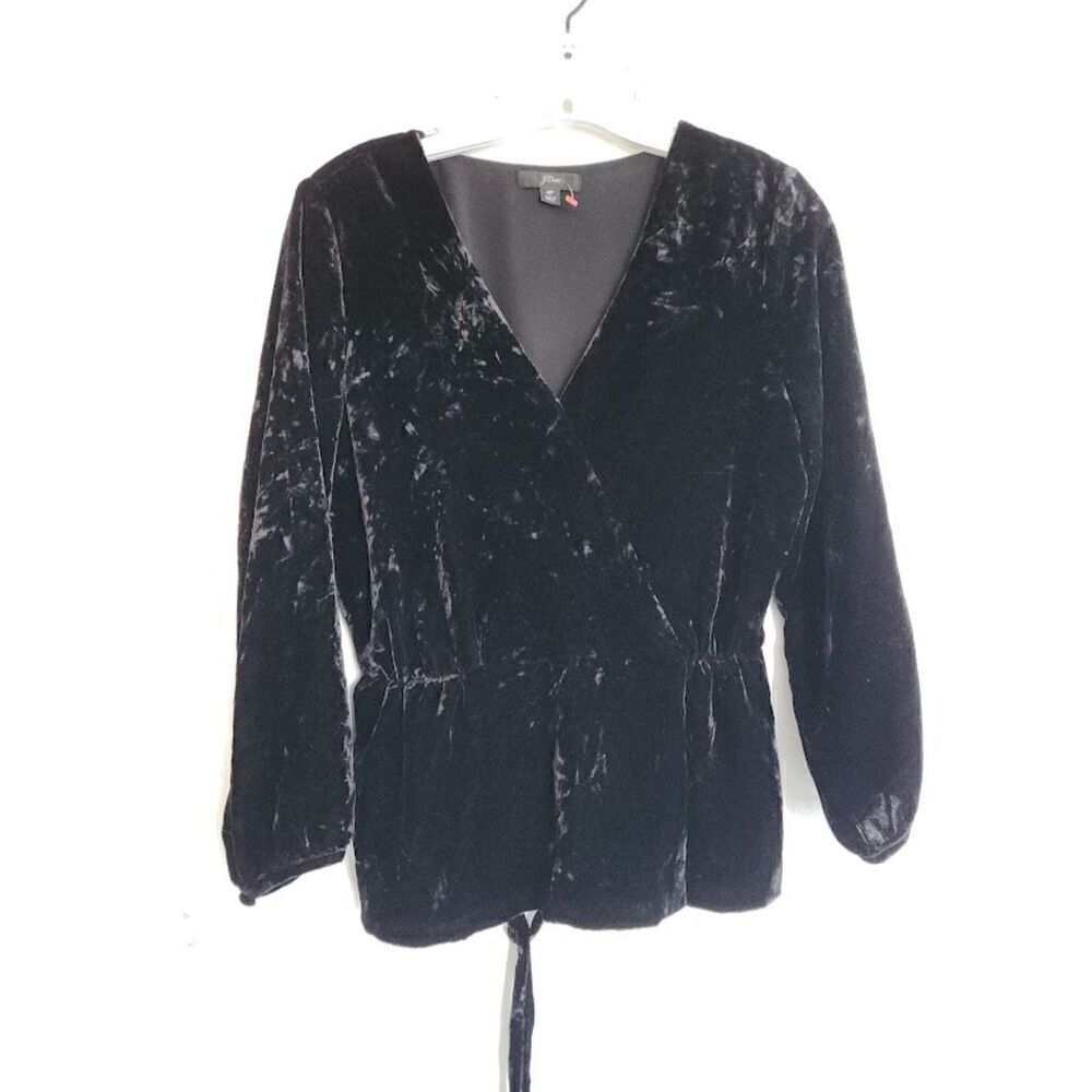 J.Crew Women Black Velvet V-Neck Long Sleeve Peplum Blouse size 4